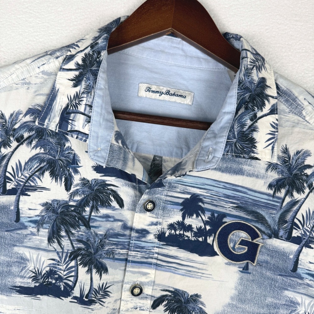Tommy Bahama Button Up Shirt Mens L Blue Georgetown Hoyas Palm Tree Tropical AOP